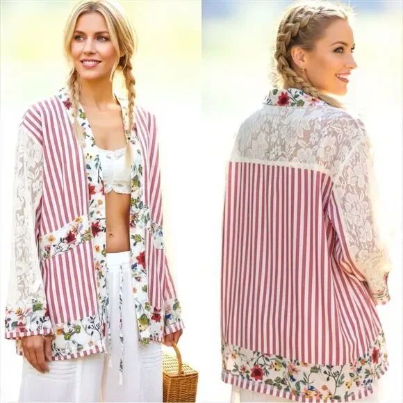 POL Lace Boho Striped Cardigan Layering Kimono Floral Patchwork Detail Med NEW - Picture 7 of 10